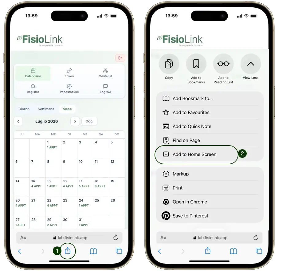 Come installare Fisiolink come App su Safari aggiungere FisioLink alla schermata home su Safari iPhone