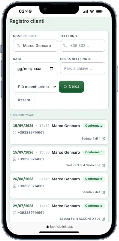 Registro FisioLink filtrato su un paziente, con elenco delle visite e appunti riservati