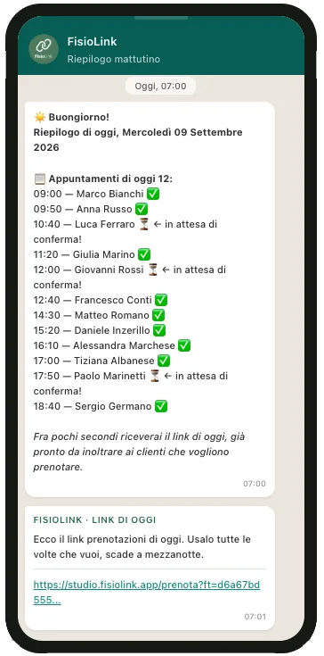 Messaggio WhatsApp di FisioLink con il riepilogo mattutino degli appuntamenti del giorno