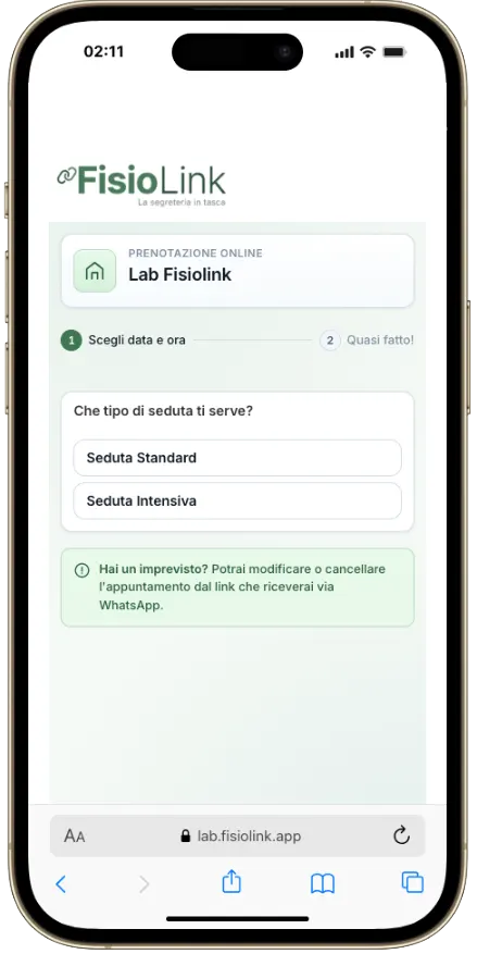 Prenotazione per Osteopati FisioLink con la scelta del tipo di seduta